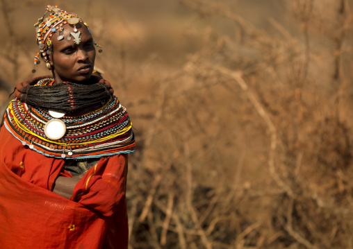Portrait of a Rendille tribe woman with beaded necklaces, Marsabit County, Chalbi Desert, Kenya