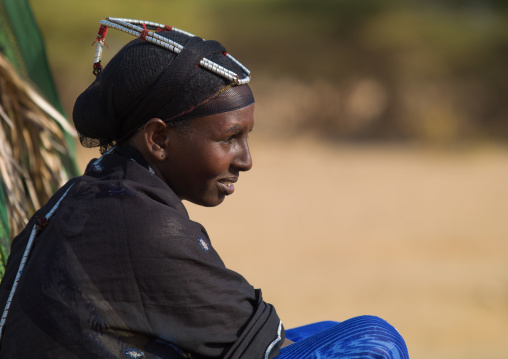 Portrait of a Gabra tribe woman wearing the traditional headwear, Marsabit County, Maikona, Kenya
