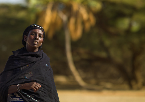Portrait of a Gabra tribe woman wearing the traditional headwear, Marsabit County, Maikona, Kenya
