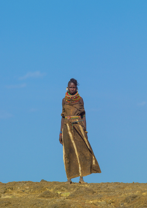 Portrait of Turkana tribe woman against the sky, Marsabit County, Loiyangalani, Kenya
