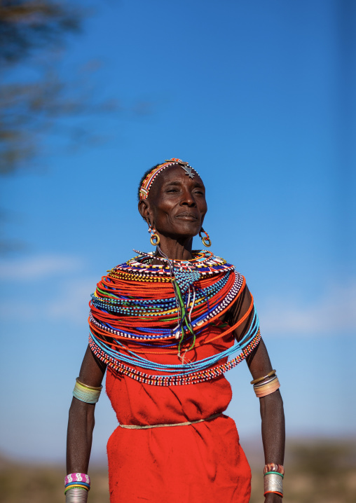 Portrait of a Samburu tribe woman with beaded necklaces, Samburu County, Maralal, Kenya