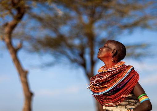 Samburu tribe woman with beaded necklaces dancing, Samburu County, Maralal, Kenya