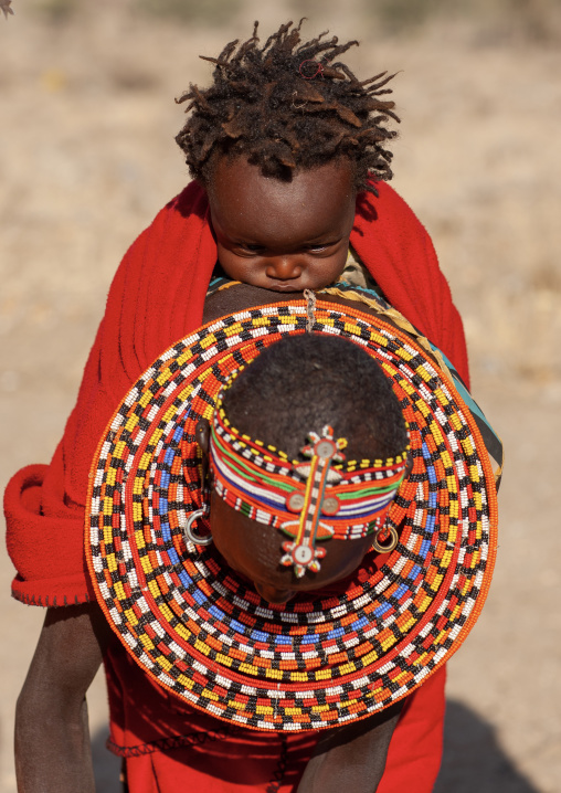 Portrait of a Samburu tribe woman with her baby, Samburu County, Maralal, Kenya