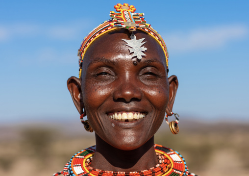 Portrait of a Samburu tribe woman with beaded headwear, Samburu County, Maralal, Kenya