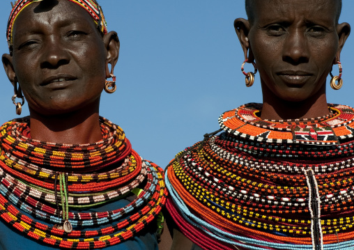 Portrait of Samburu tribe women with beaded necklaces, Samburu County, Maralal, Kenya