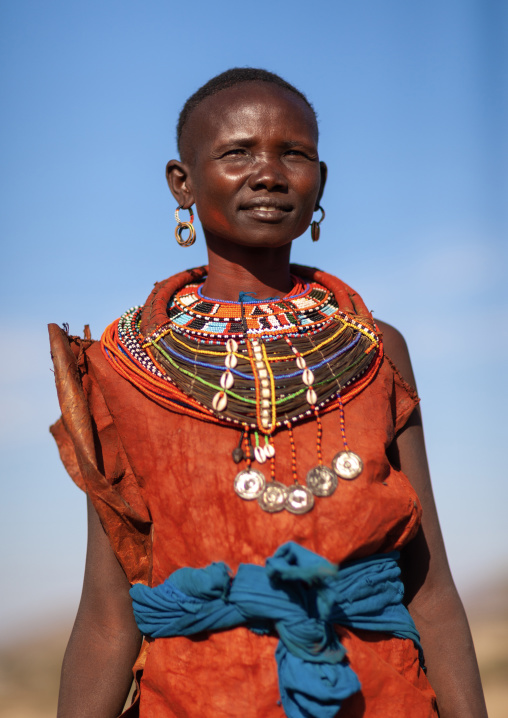 Portrait of a Samburu tribe woman with beaded necklaces, Samburu County, Maralal, Kenya