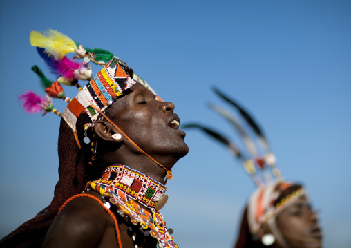 Samburu tribe men dancing during a ceremony, Samburu County, Maralal, Kenya
