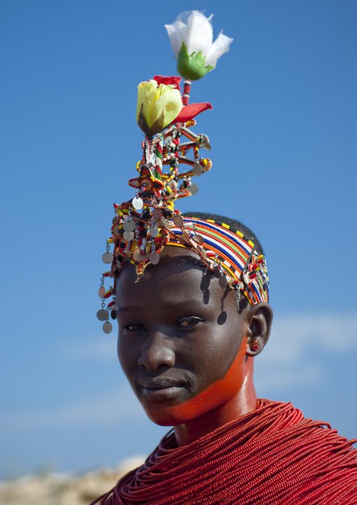 Portrait of a young Samburu tribe woman with a beaded headwear, Samburu County, Maralal, Kenya