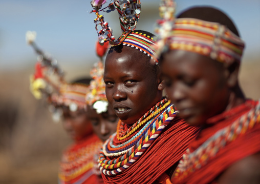 Portrait of Samburu tribe girls with beaded necklaces, Samburu County, Maralal, Kenya
