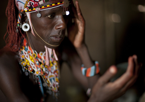 Portrait of a Samburu tribe moran, Samburu County, Maralal, Kenya