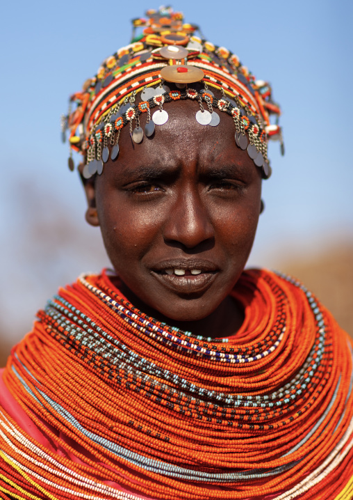 Portait of a Rendille tribe woman with a beaded headwear, Marsabit County, Marsabit, Kenya