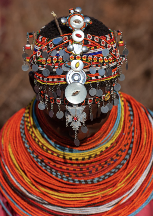 Portait of a Rendille tribe woman showing her beaded headwear, Marsabit County, Marsabit, Kenya