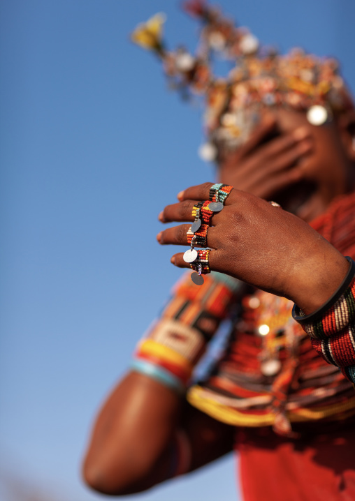 Rendille tribe girl showing her beaded rings, Marsabit County, Marsabit, Kenya
