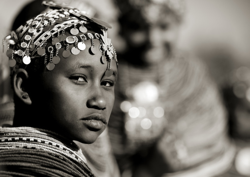 Portait of a Rendille tribe girl with a beaded headwear, Marsabit County, Marsabit, Kenya