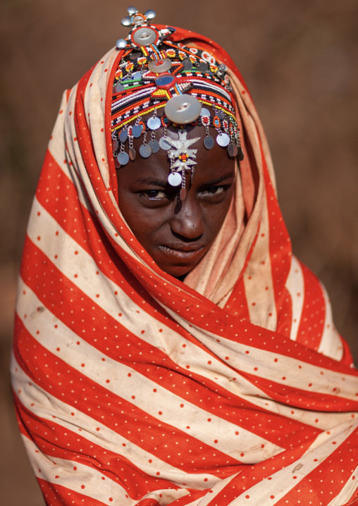 Portait of a Rendille tribe girl with a scarf on the head, Marsabit County, Marsabit, Kenya