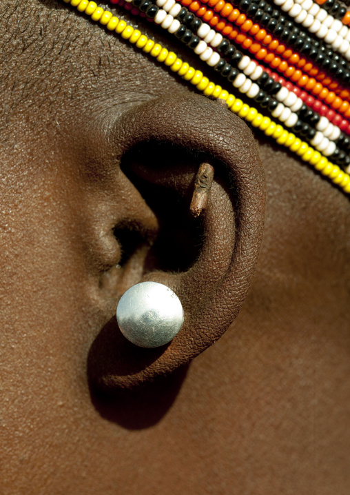 Detail of a Rendille tribe girl earrings, Marsabit County, Marsabit, Kenya