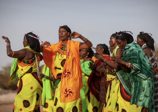 Gabra tribe women dancing in line, Marsabit County, Chalbi Desert, Kenya
