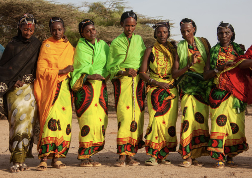 Gabra tribe women dancing in line, Marsabit County, Chalbi Desert, Kenya