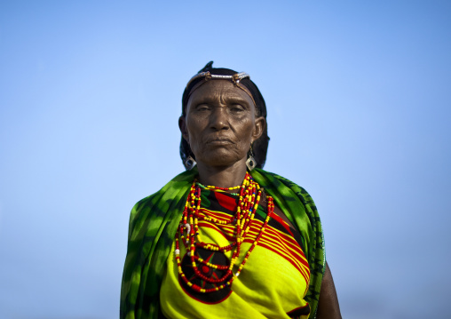 Portrait of a Gabra tribe woman with colorful veil, Marsabit County, Chalbi Desert, Kenya