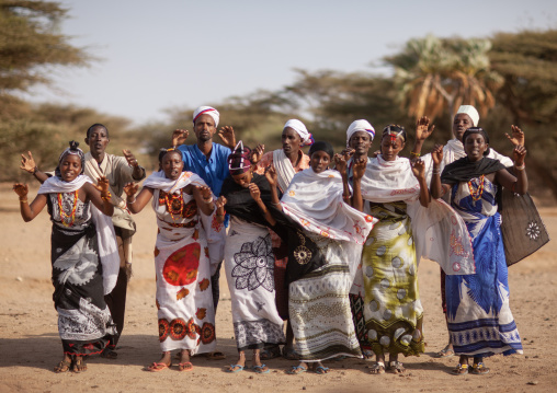 Gabra tribe people dancing during a ceremony, Marsabit County, Chalbi Desert, Kenya