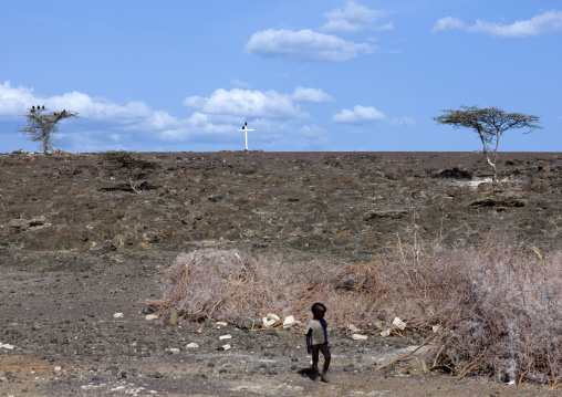 Christian cross at the top of a hill in El molo tribe, Rift Valley Province, Turkana lake, Kenya