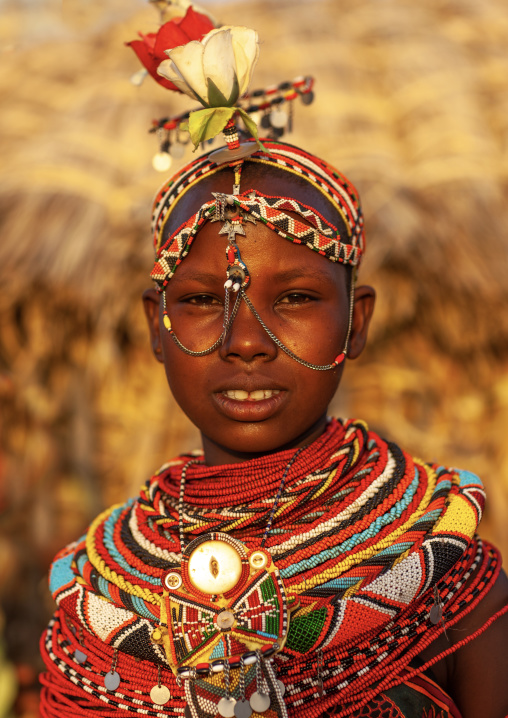 Portrait of a Rendille tribe woman with necklaces and headwear, Rift Valley Province, Turkana lake, Kenya