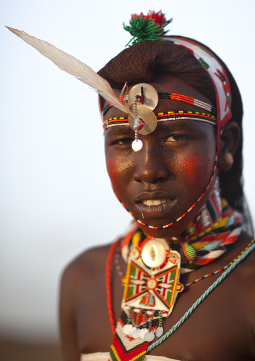 Portrait of rendille warrior wearing traditional headwear, Marsabit district, Ngurunit, Kenya