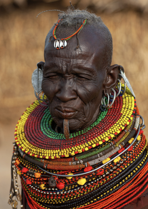 Old Turkana tribe woman with necklaces and earrings, Rift Valley Province, Turkana lake, Kenya
