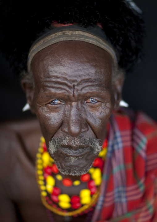 Portrait of a Turkana tribe man with ostrich feathers on the headwear, Rift Valley Province, Turkana lake, Kenya