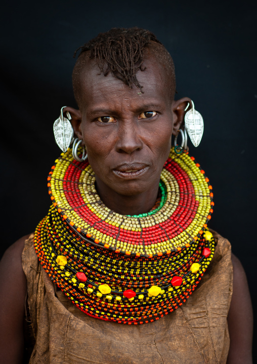 Turkana tribe woman with necklaces and earrings, Rift Valley Province, Turkana lake, Kenya