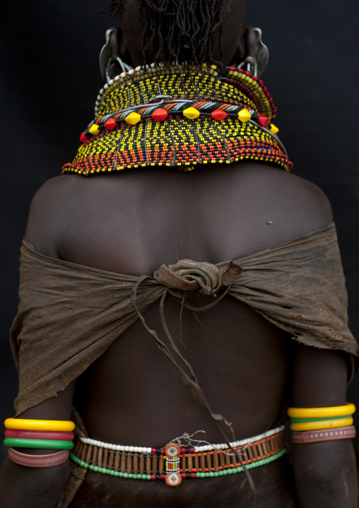 Portrait of a Turkana tribe woman with huge necklaces, Rift Valley Province, Turkana lake, Kenya