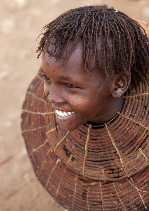 Portrait of a Pokot tribe girl wearing a big necklace, Baringo County, Baringo, Kenya