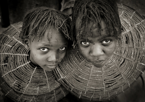 Portrait of Pokot tribe girls with huge necklaces, Baringo County, Baringo, Kenya