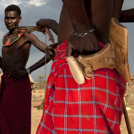 Pokot tribe men with a wooden headrest, Baringo County, Baringo, Kenya