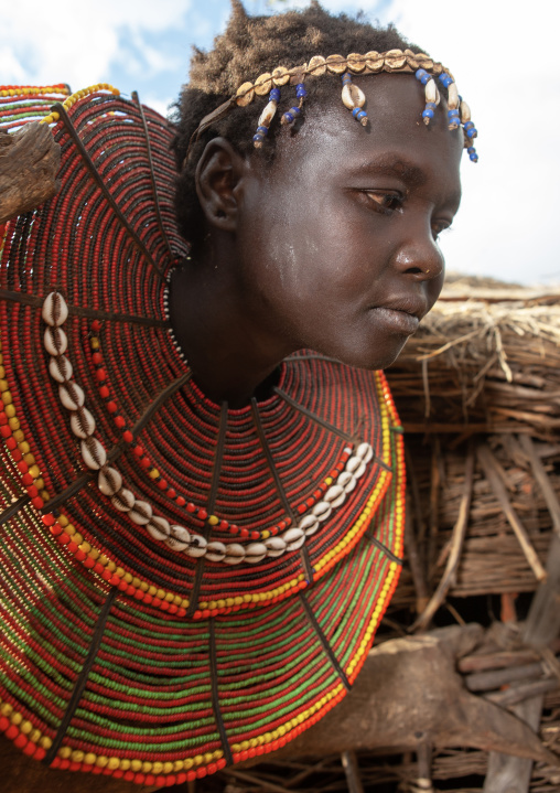Portrait of a Pokot tribe girl wearing a big necklace, Baringo County, Baringo, Kenya