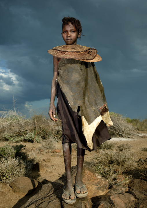 Portrait of a Pokot tribe girl wearing a huge necklace, Baringo County, Baringo, Kenya