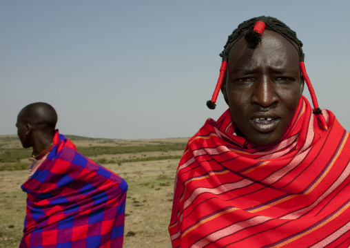 Maasai tribe men portrait wearing traditional clothing, Rift Valley Province, Maasai Mara, Kenya