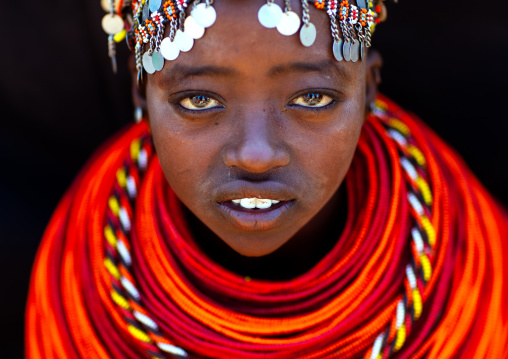 Portrait of a Rendille tribe young woman with beaded necklaces, Marsabit County, Marsabit, Kenya