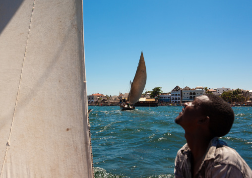 Man looking at the sail of his dhow while racing, Lamu County, Lamu, Kenya