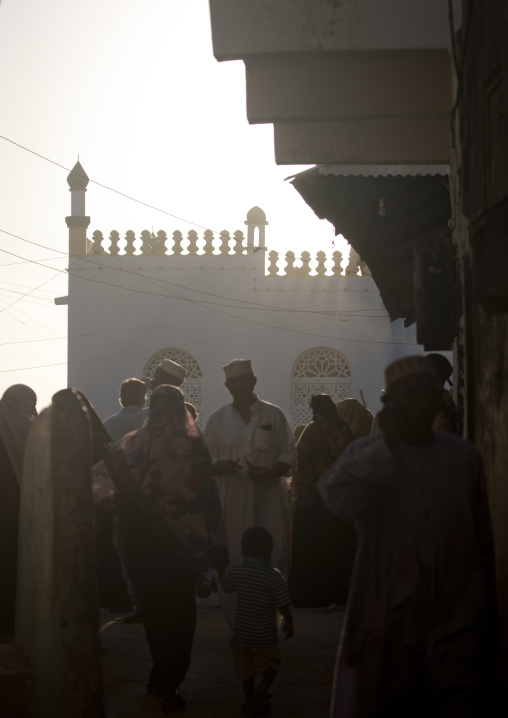 Crowd in a narrow street near the mosque, Lamu County, Lamu, Kenya