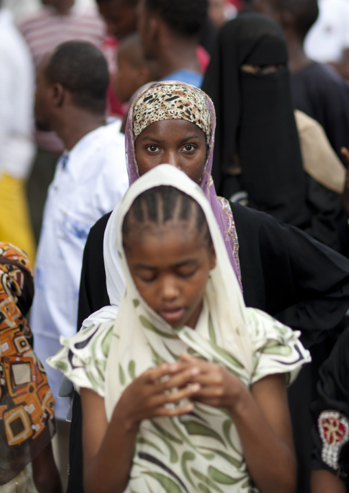 Muslim girls in the crowd, Lamu County, Lamu, Kenya