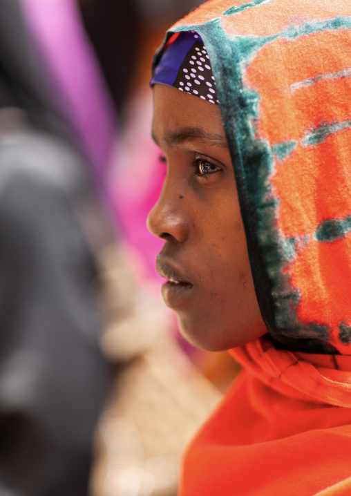 Portrait of a muslim woman with colorful clothing, Lamu County, Lamu, Kenya