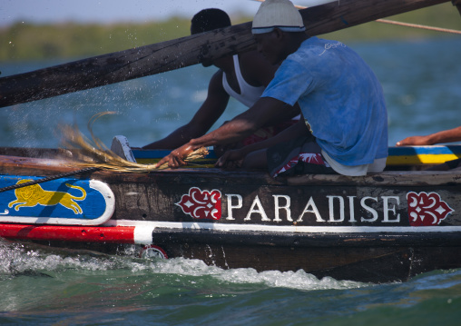 Sailors on a dhow called paradise, Lamu County, Lamu, Kenya