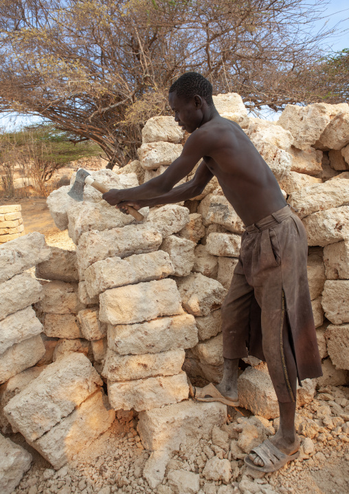 Man working in a coral stone quarry, Lamu County, Manda island, Kenya