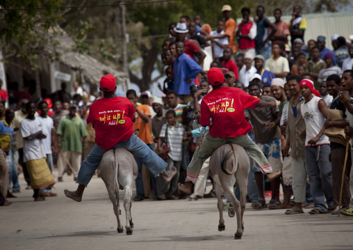 Donkey race in town during Maulid festival, Lamu County, Lamu, Kenya