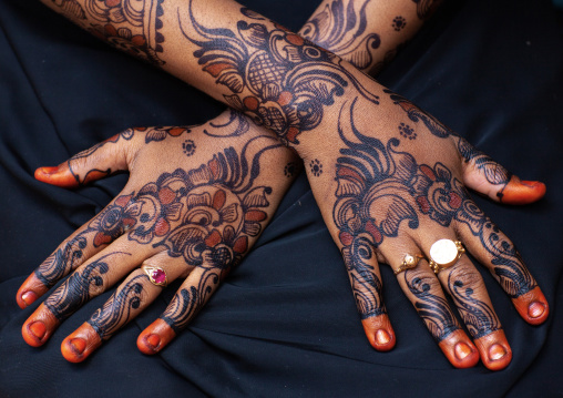 Patterns made with henna on a woman hands, Lamu County, Lamu, Kenya