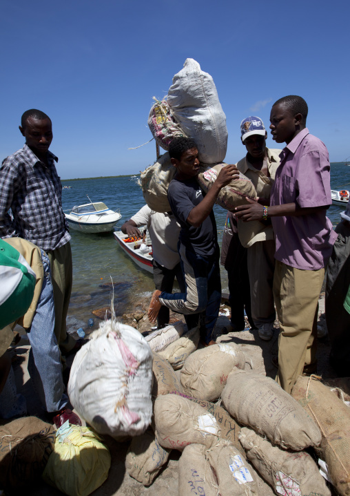 Men carrying sacks of qat in the port, Lamu County, Lamu, Kenya