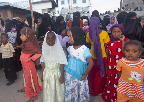 Young muslim girls dressed in colorful way during Maulid festival, Lamu County, Lamu, Kenya