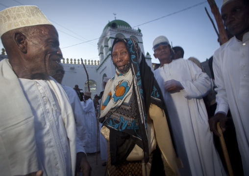 Muslim people in front of the mosque during Maulid festival, Lamu County, Lamu, Kenya