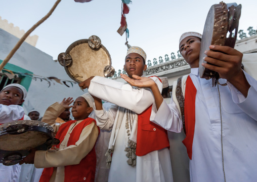 Muslim musicians celebrating the Maulid festival, Lamu County, Lamu, Kenya